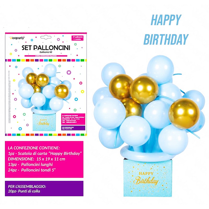 Set palloncini celeste happy birthday con scatola 37pz