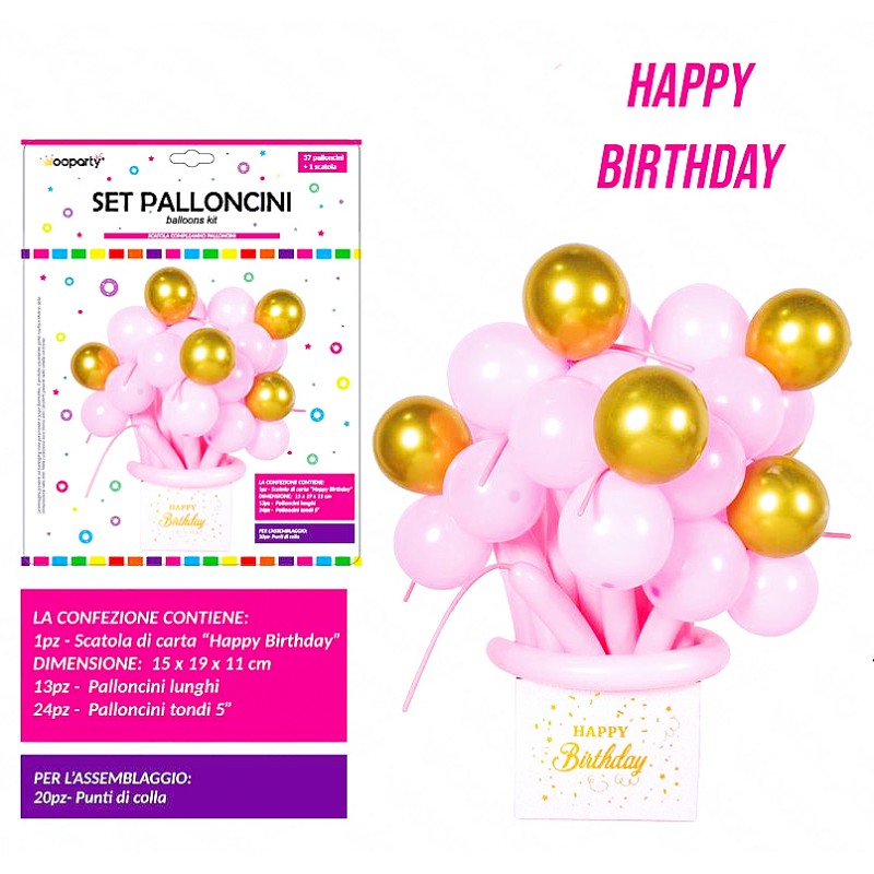 Set palloncini rosa happy birthday con scatola 37pz - 1