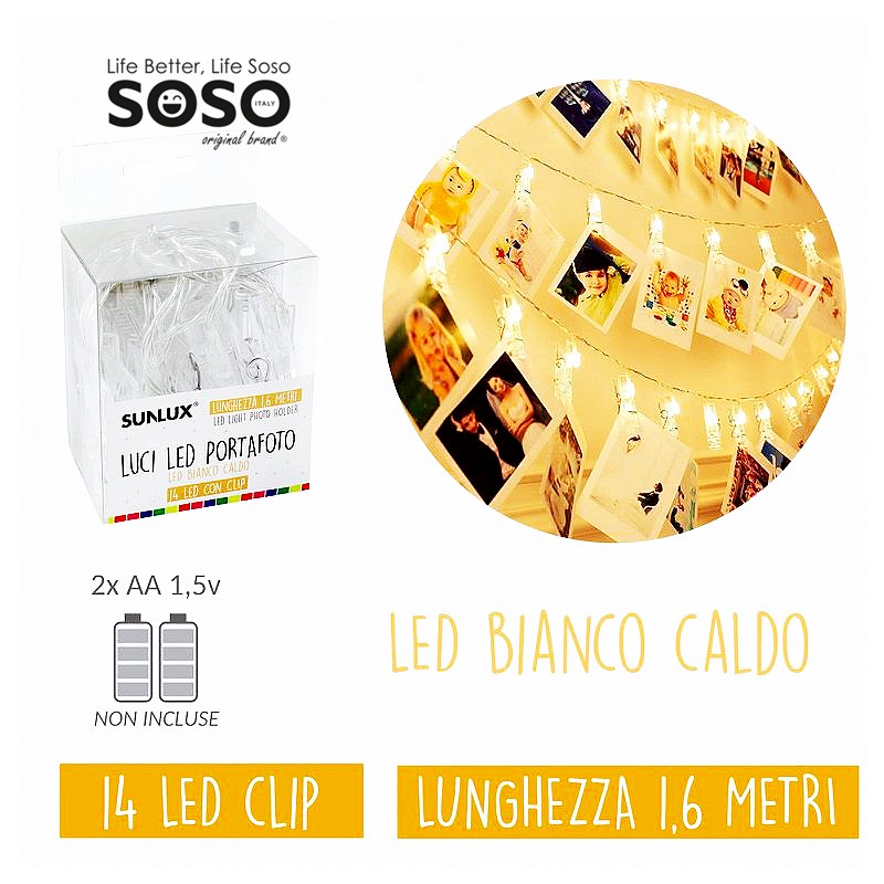 Catena luci 14 led clip portafoto bianco caldo1.6mt - 1