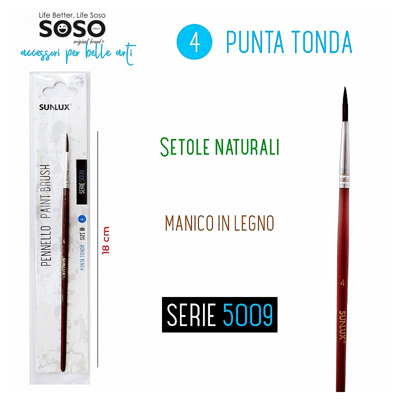 Pennello setole naturali manico in legno serie 5009 punta tonda lungzza 18cm numero 4 - 1