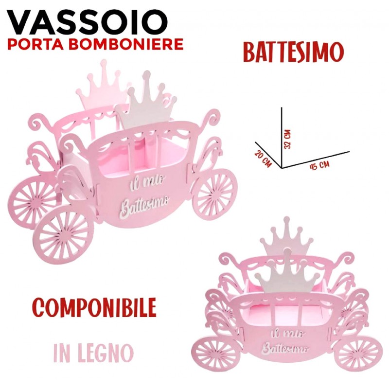 Vassoio porta bomboniere componibile in legno battesimo Girl Rosa 45x20x32 cm - 1