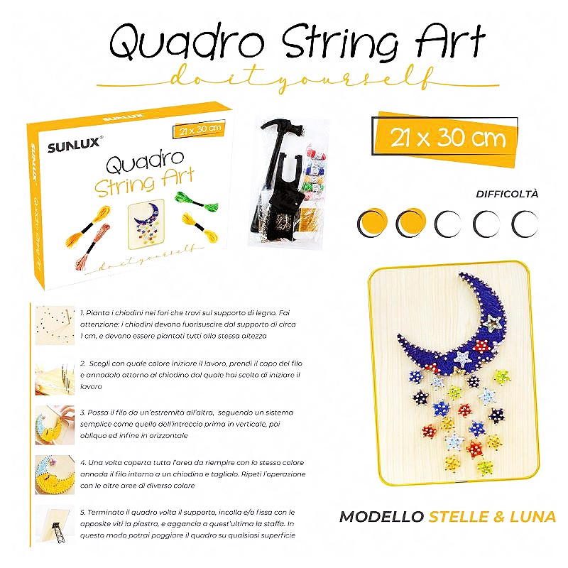 Quadro string art modello stelle luna dimensione 15x20cm - 1