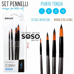 Set 4 pennelli artistici punta tonda manico in legno misure 1-8-12-16 altezza 22.5cm - 1