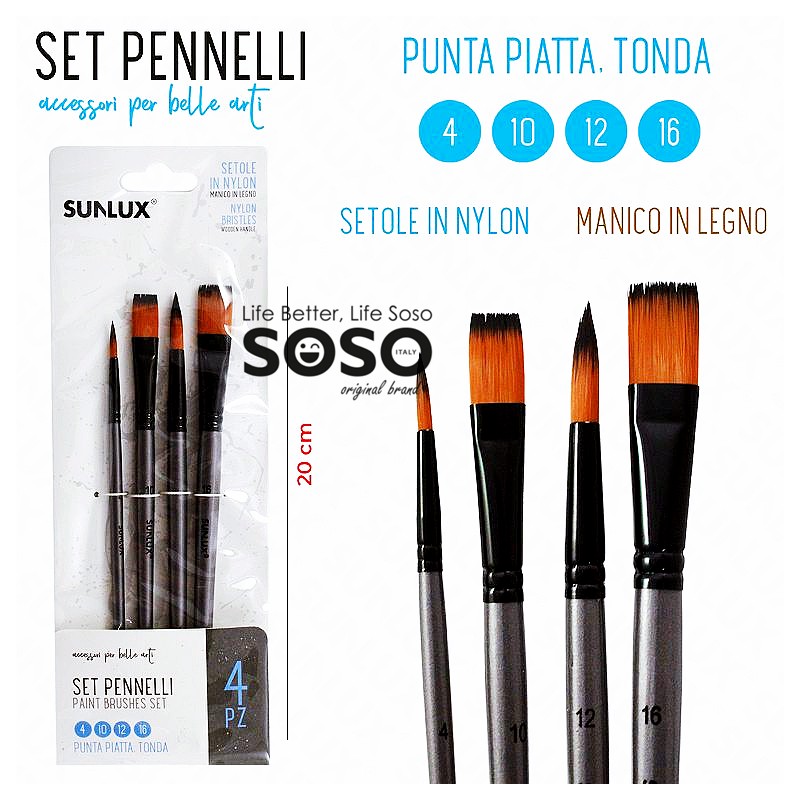 Set 4 pennelli artistici punta tonda . piattamanico in legno misure  4-10-12-16 altezza 21.5cm