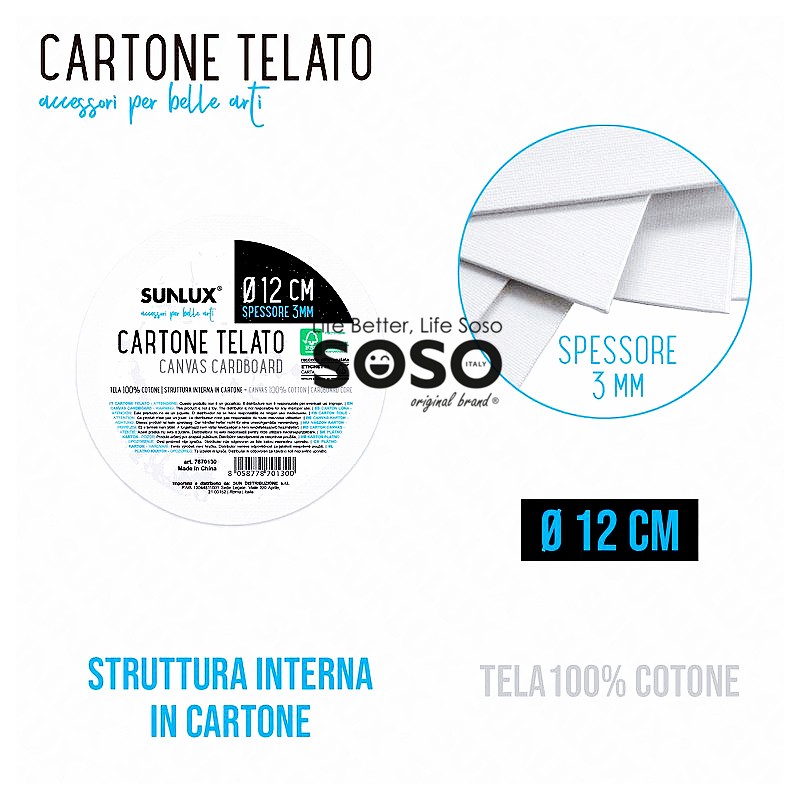 Cartone telato rotondo dimensione 12cm x 3mm 100% cotone struttura interna  in cartone