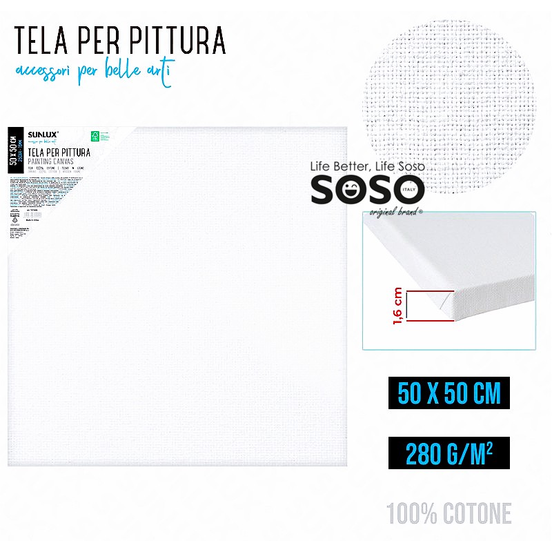 Tele per pittura dimensione 50x50 16mm 280gr 100% cotone - 1