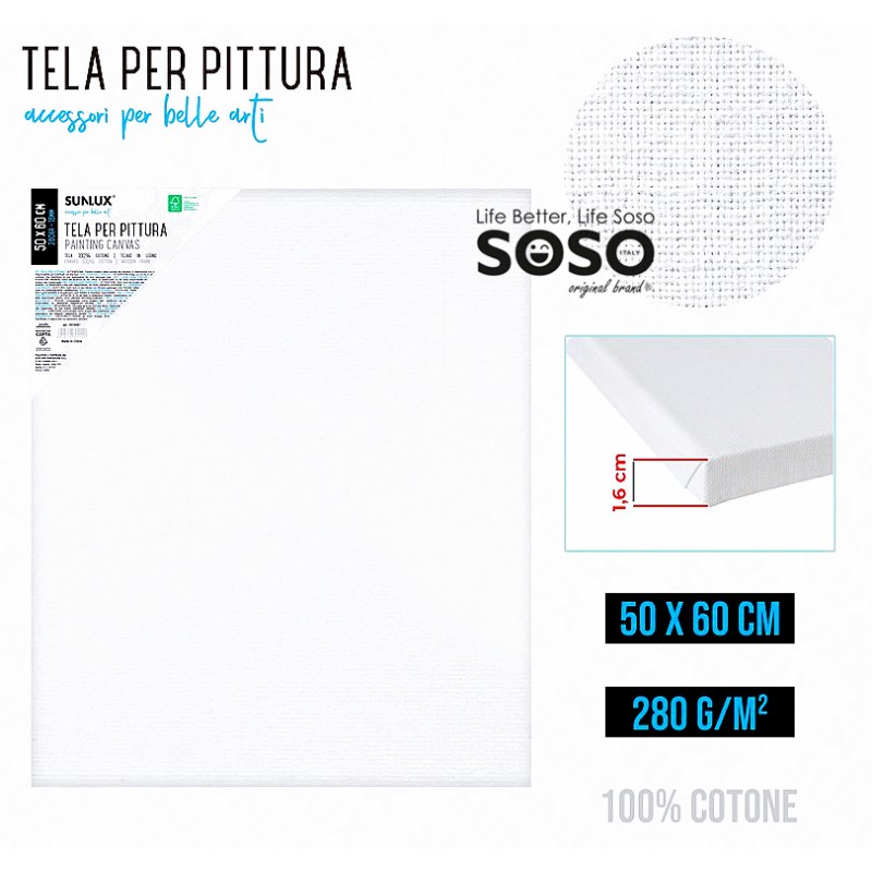 Tele per pittura dimensione 50x60cm 16mm 280gr 100% cotone - 1