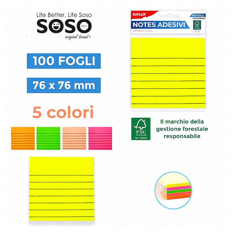 Notes per appunti adesivi 5 colori assortiti 100 fogli misure 76x76mm - 1