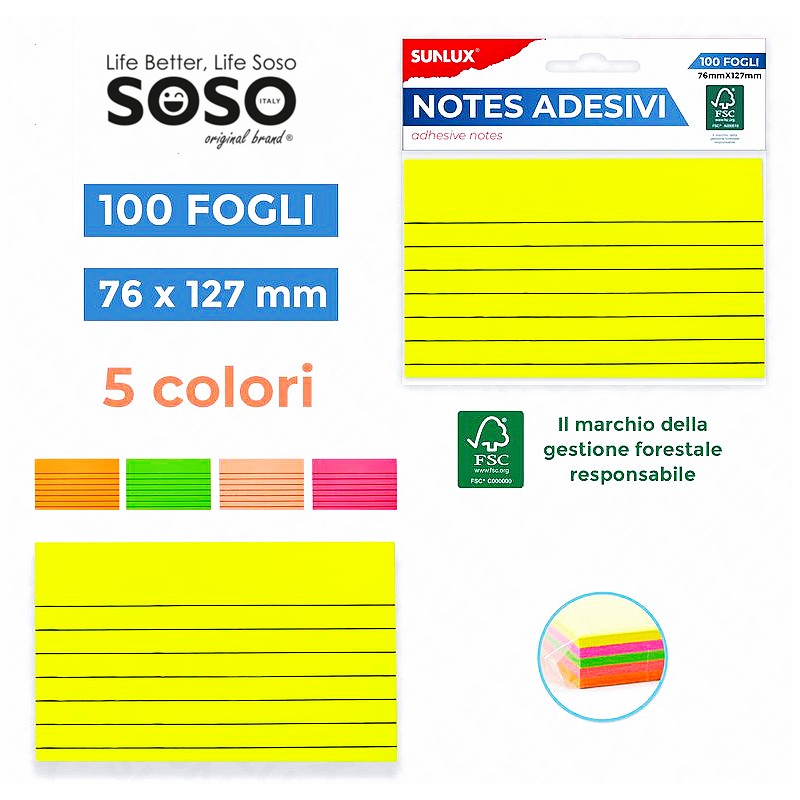 Notes per appunti adesivi 5 colori assortiti 100 fogli misure 76x127mm - 1