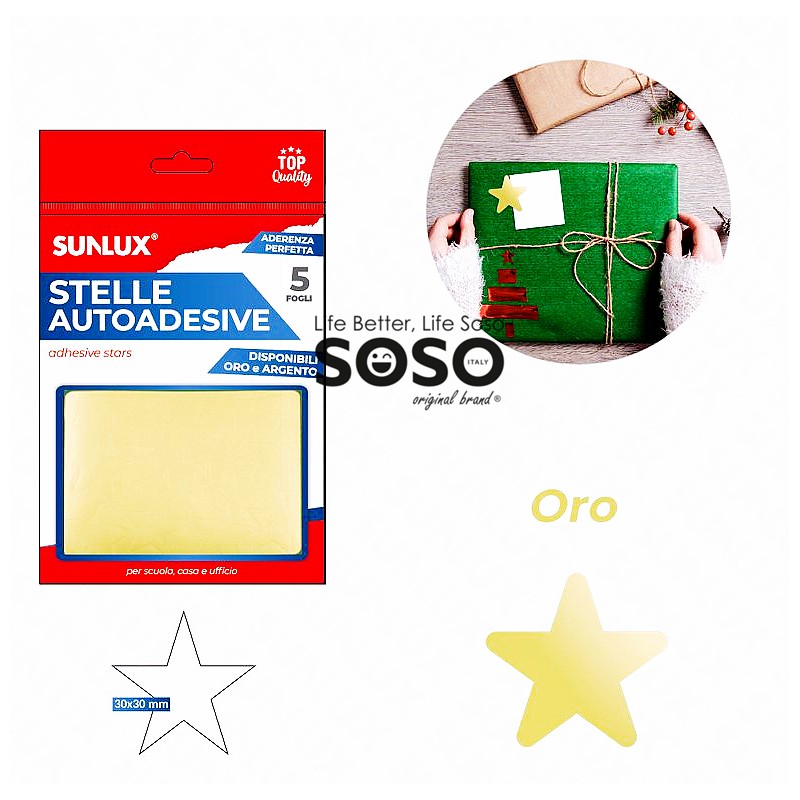 Stelle adesive oro metal 5 fogli 100 stelle dimensione 3x3cm