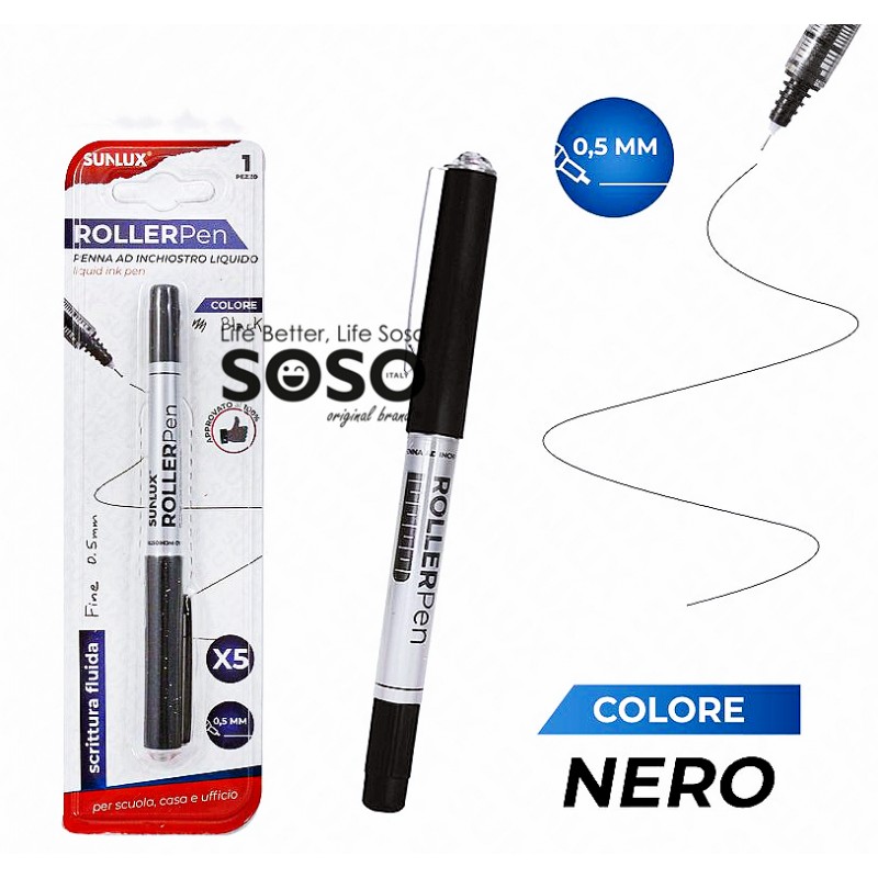 Roller pen inchiostro liquido nero 0.5mm - 1