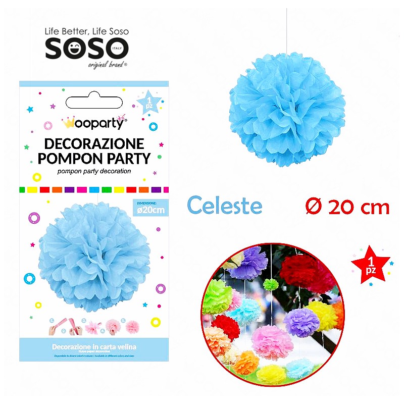 Decorazione pompon party celeste dimensione 20cm - 1