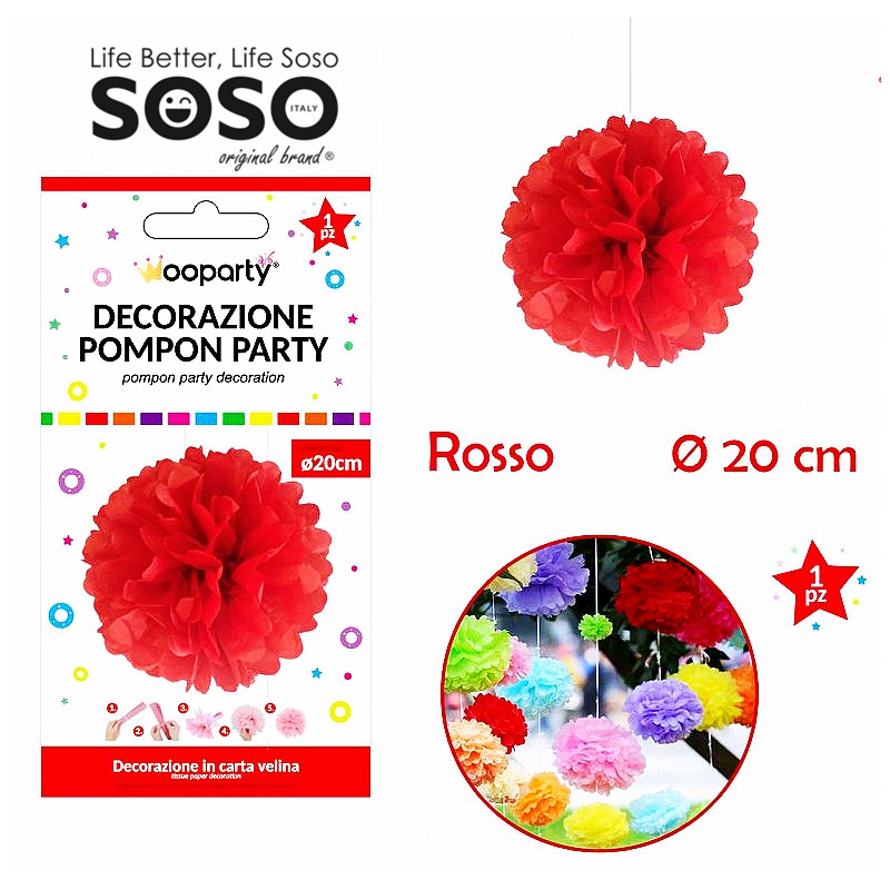 Decorazione pompon party rosso dimensione 20cm - 1