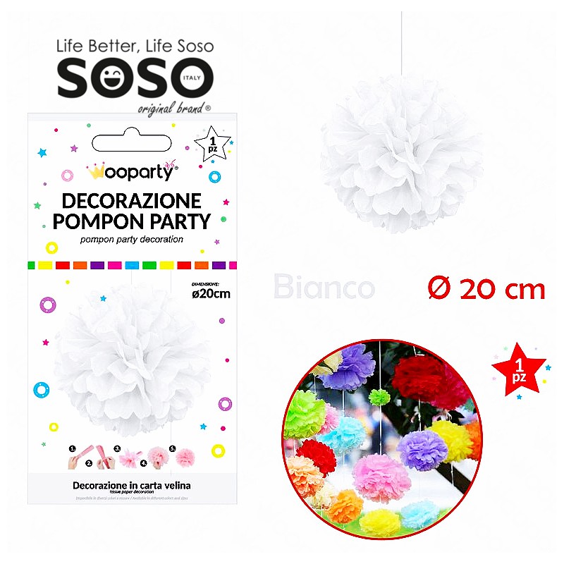 Decorazione pompon party bianco dimensione 20cm - 1