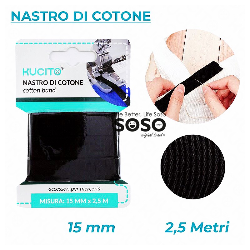 Nastro fettuccia di cotone nero 15mm x 2.5mt - 1