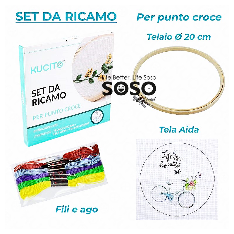 Set ricamo telaio 20cm completo ago e fili tela aida