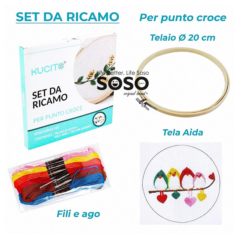 Set ricamo telaio 20cm completo ago e fili tela aida - 1