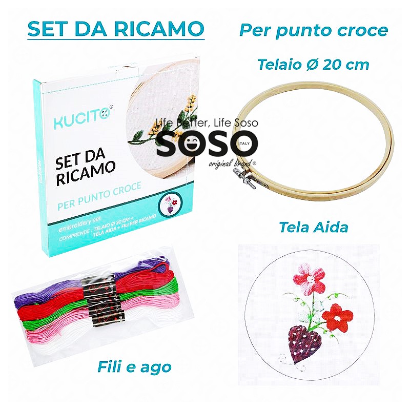 Set ricamo telaio 20cm completo ago e fili tela aida - 1