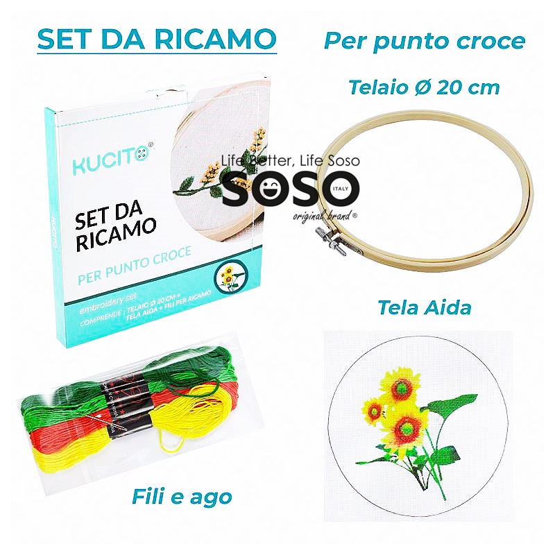 Set ricamo telaio 20cm completo ago e fili tela aida - 1