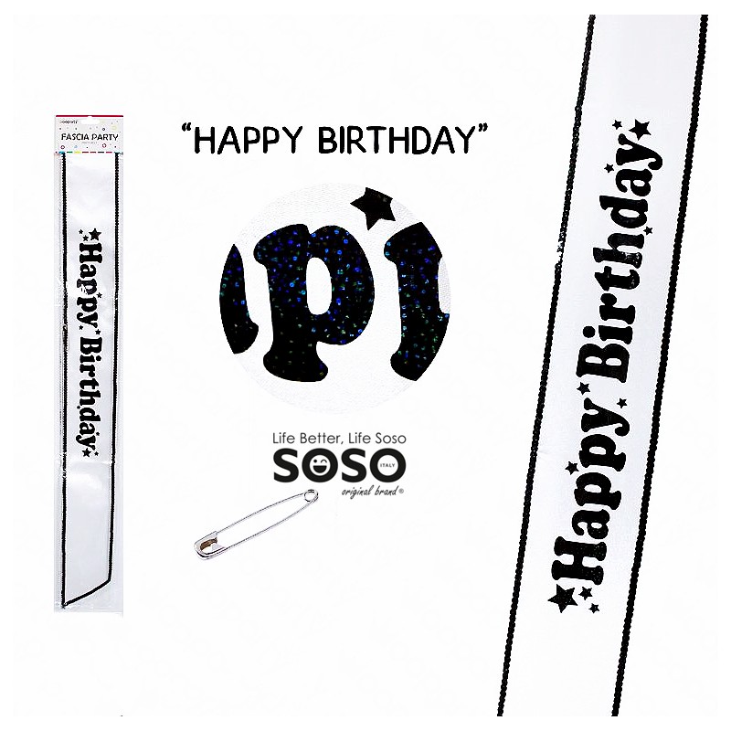 Fascia Party scritto " HAPPY BIRTHDAY " bianco 9.5x75cm - 1