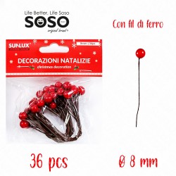 Decorazioni natalizie bacche rosse laccate 8mm con fili di ferro  36pezzi - 1