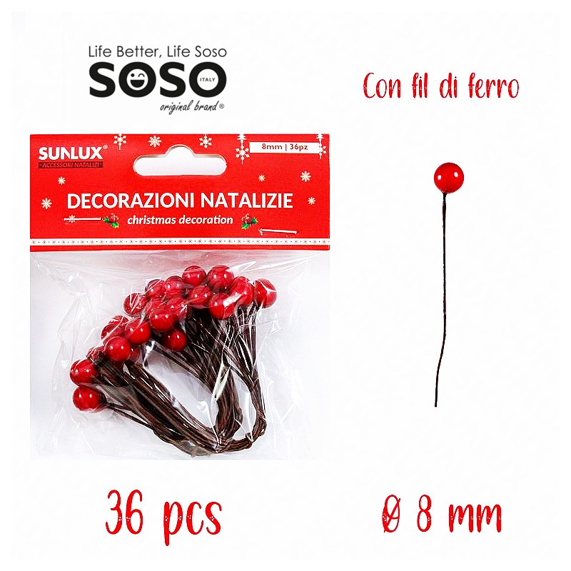 Decorazioni natalizie bacche rosse laccate 8mm con fili di ferro  36pezzi - 1