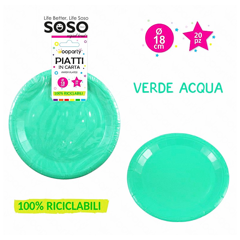 Piatti di carta monouso verde acqua  diametro 18cm 20pezzi - 1