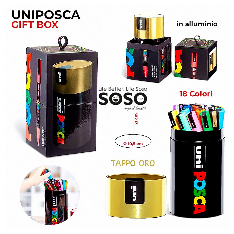 Uniposca gift box oro in alluminio tappo oro contenuto 18 colori assortite  scatola dimensione 10.5x21cm