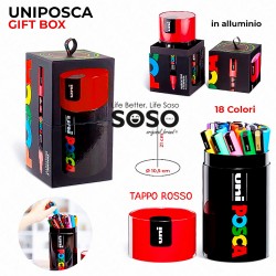 Uniposca gift box rosso in alluminio tappo rosso contenuto 18 colori assortite scatola dimensione 10.5x21cm - 1