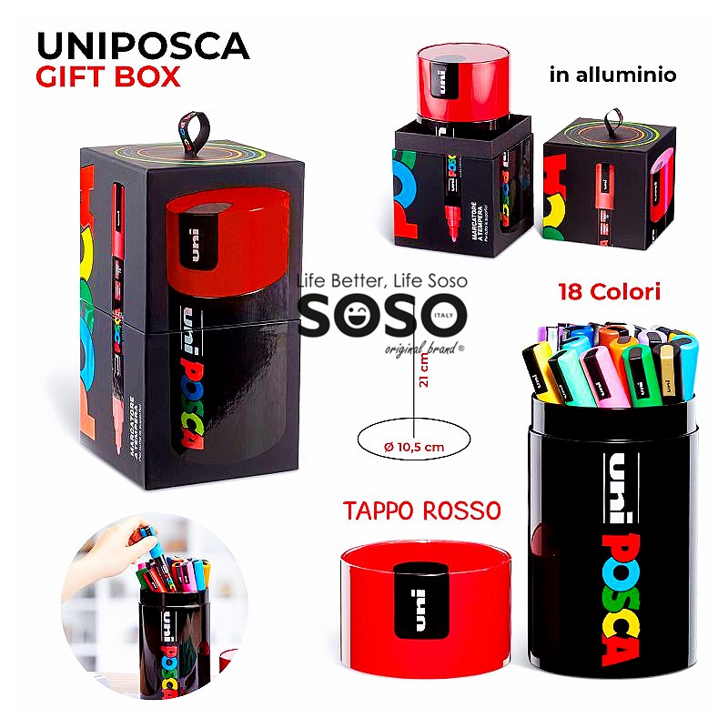 Uniposca gift box rosso in alluminio tappo rosso contenuto 18 colori assortite scatola dimensione 10.5x21cm - 1