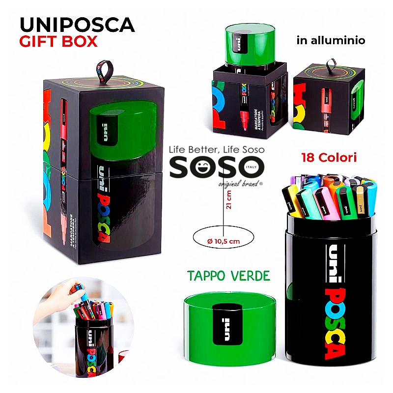 Uniposca gift box verde in alluminio tappo verde contenuto 18 colori assortite scatola dimensione 10.5x21cm - 1