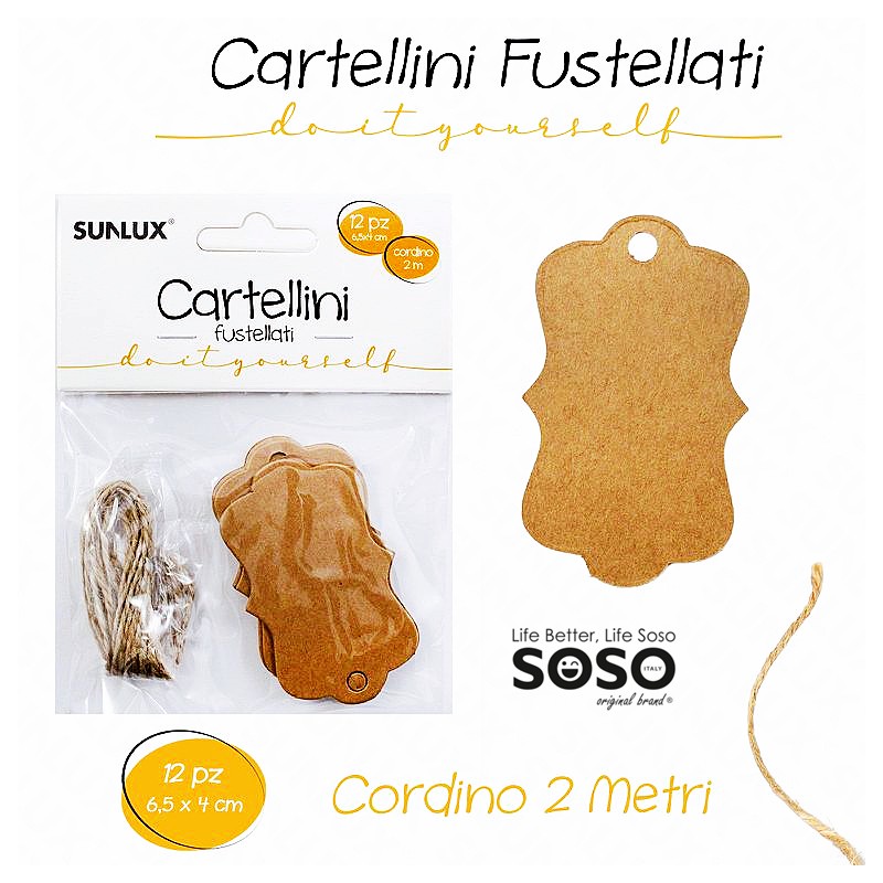 Cartellini fustellati avana 12 pezzi 6.5x4cm cordino 2 metri - 1