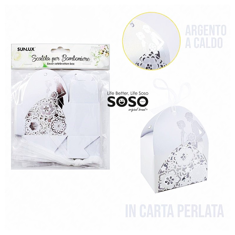 Scatola bomboniere matrimonio 10 pezzi 5x7x10cm in carta bianco perlata - 1