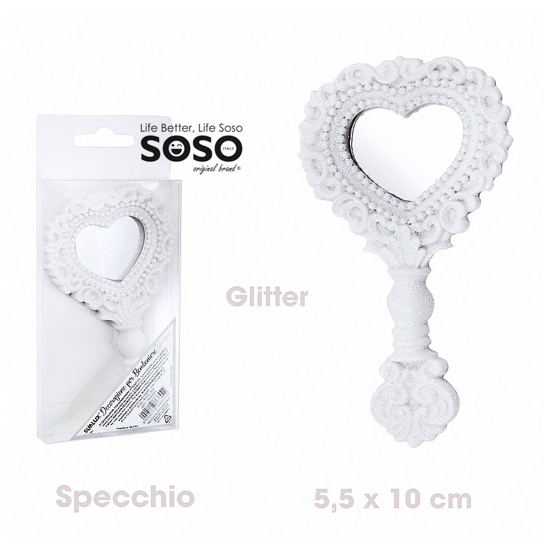 Specchio decorazione bomboniere bianco glitter 5.5 x 10cm - 1