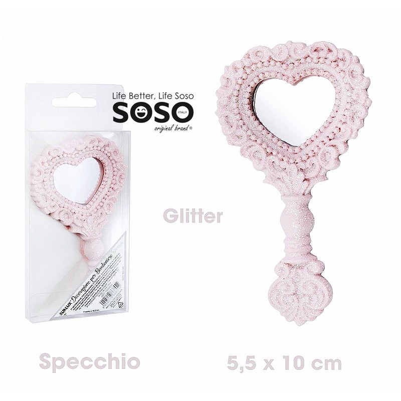 Specchio decorazione bomboniere rosa glitter 5.5 x 10cm - 1