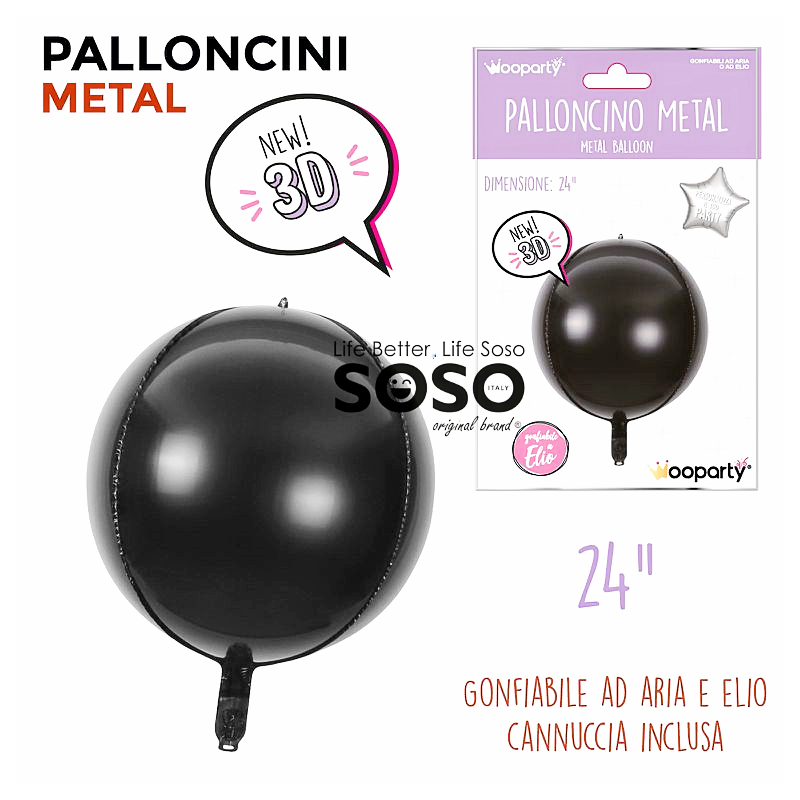 Palloncini metal nero sfera 3d diametro 24cm - 1