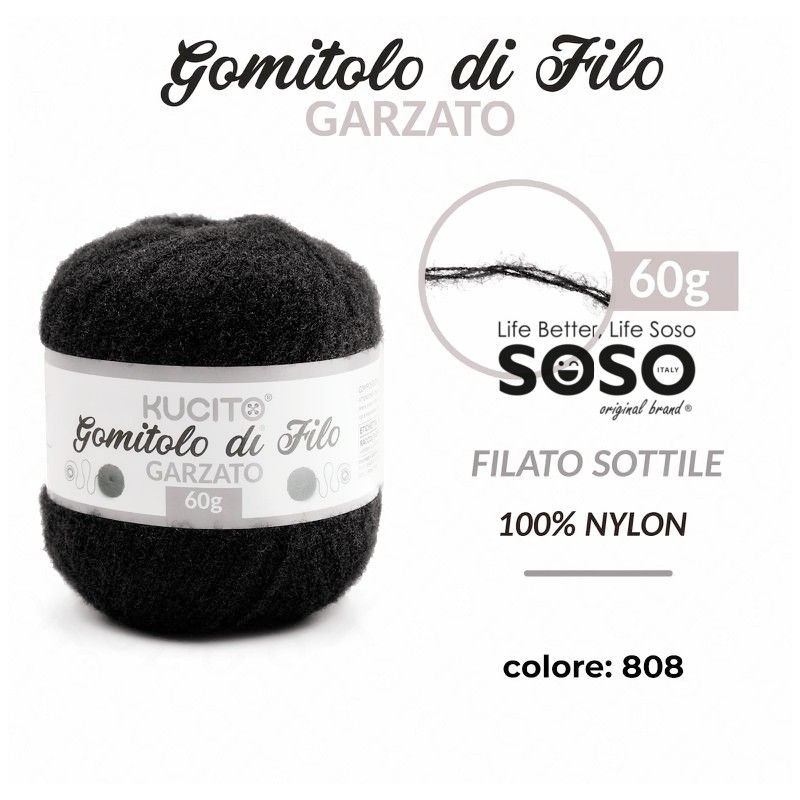 Kucito gomitolo di filo garzato sottile colore nero 808 60g - 1