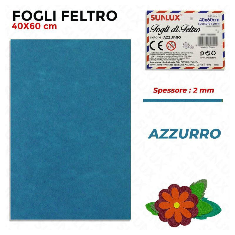 Foglio Feltro 60x40cm, Azzurro, 2mm di spessore