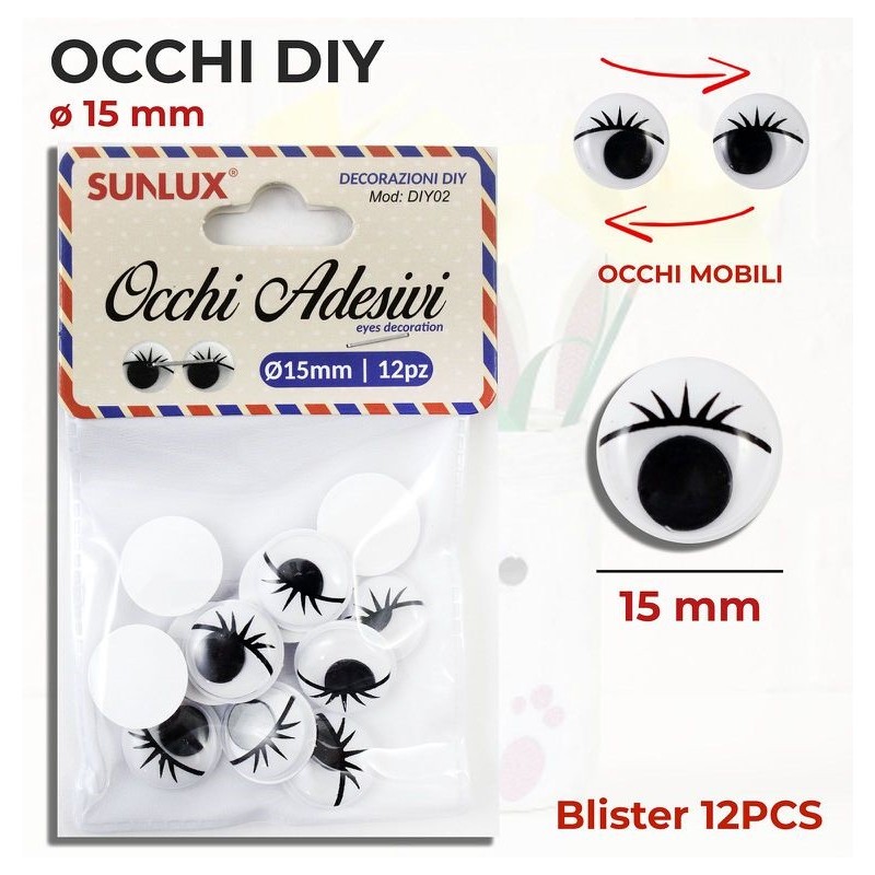 Occhi Adesivi 12pz 15mm - Decorazioni DIY