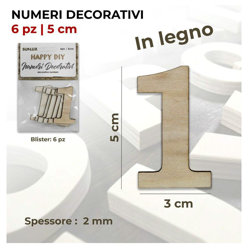 Numero 1 decorativo in Legno - 6pz 5x3x0,2 cm (per decorazioni o da  verniciare)