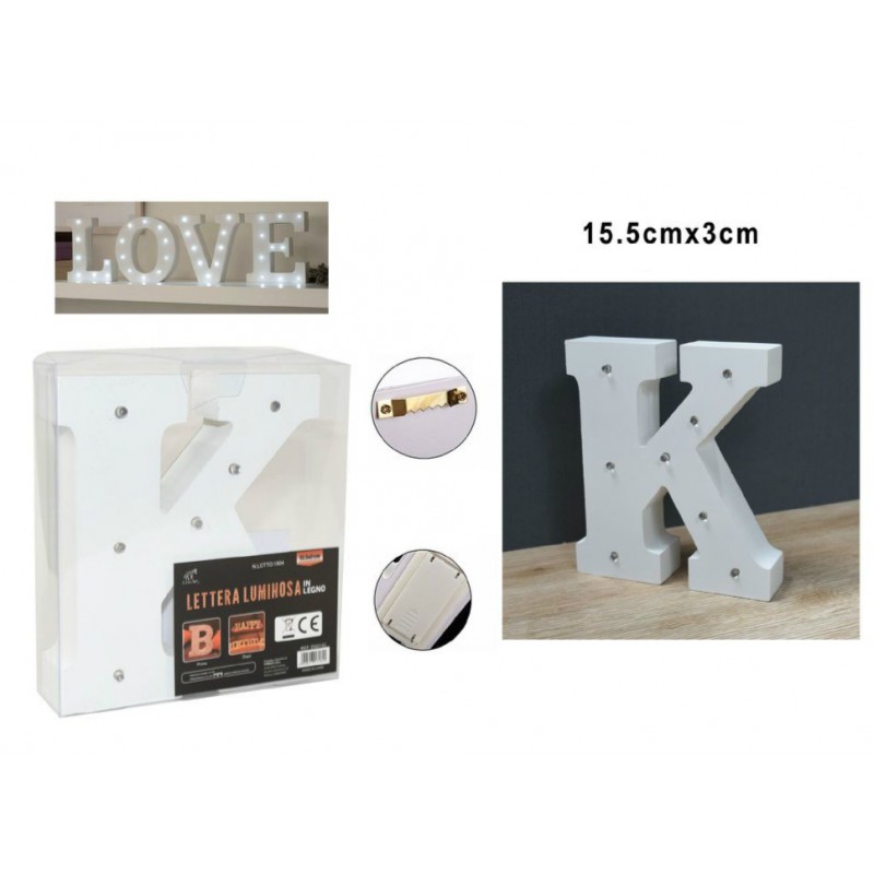 Lettera K Luminosa in legno a batteria con gancio 15,5x3 cm (Lettere  luminose)