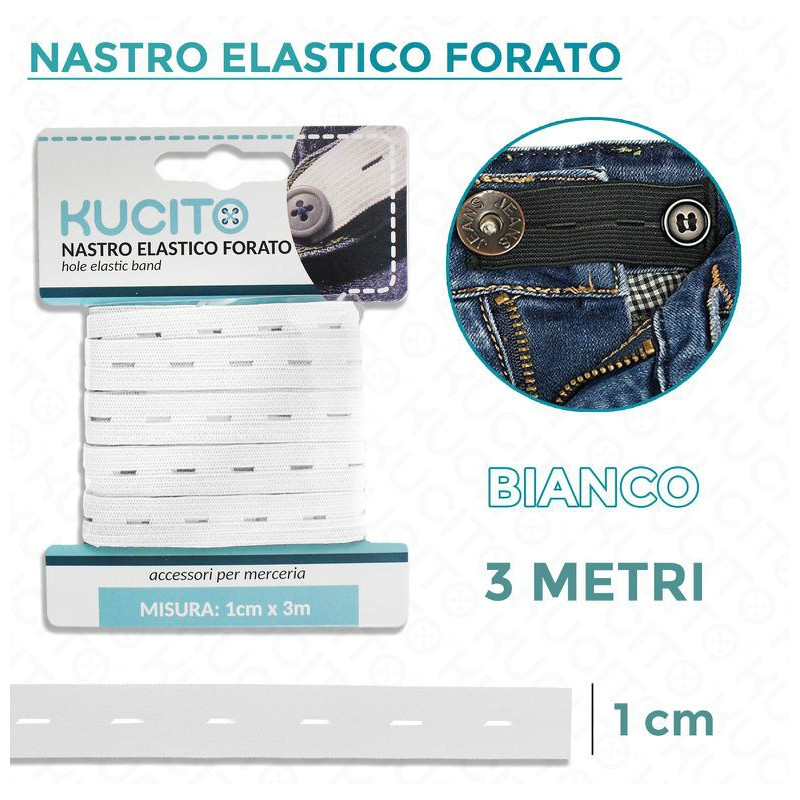 Nastro elastico Bianco forato per cucito 3 metri larghezza 1 cm