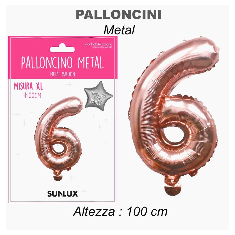 Palloncini mylar rosa oro metal. numero 6 h.100cm