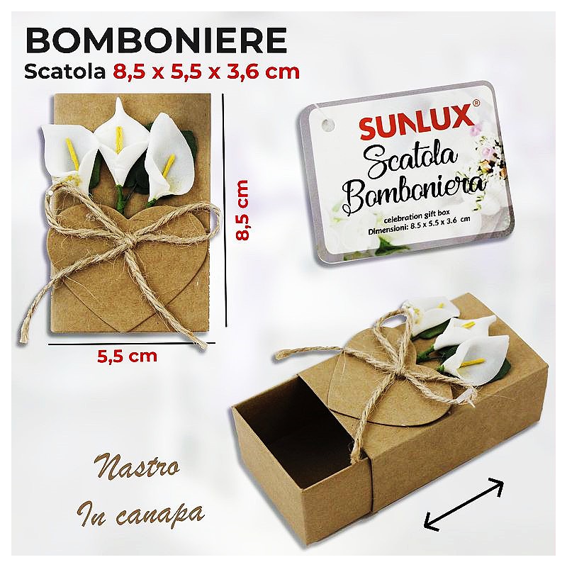 Scatole bomboniere 8,5x5,5x3,6cm con nastro di canapa