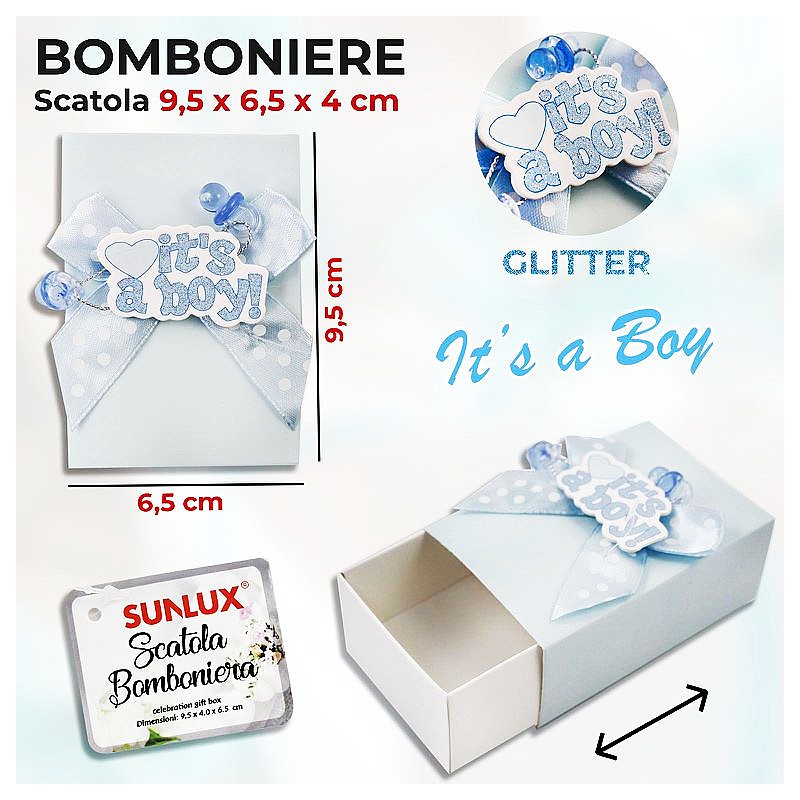 Scatole bomboniere boy 9,5x6,5x4cm con glitter