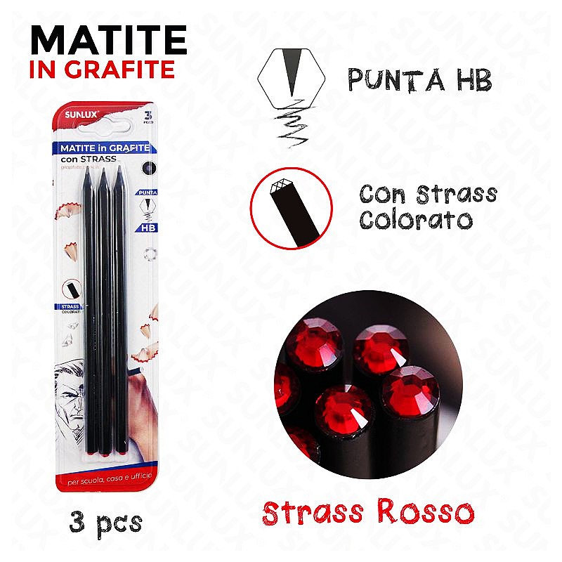 Matite in grafite punta hb con strass rosso 3pcs - 1