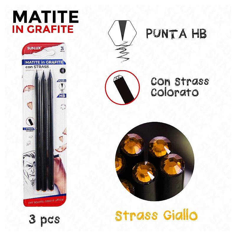 Matite in grafite punta hb con strass giallo 3pcs - 1