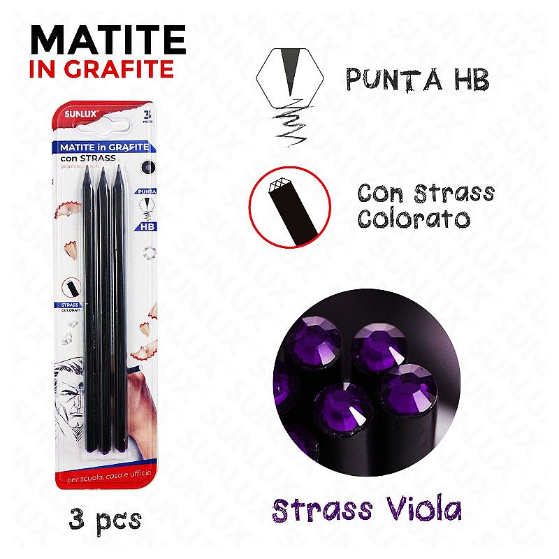 Matite in grafite punta hb con strass viola 3pcs - 1