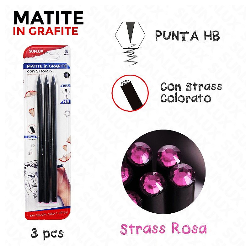 Matite in grafite punta hb con strass rosa 3pcs - 1