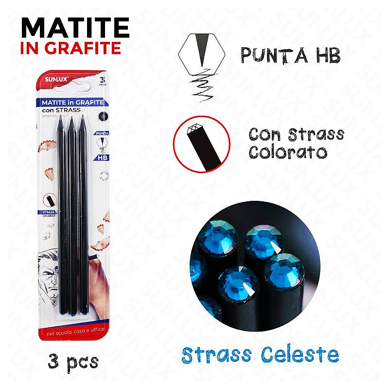 Matite in grafite punta hb con strass celeste 3pcs - 1